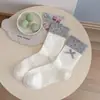 Calcetines de algodón para mujer en gris y blanco para otoño e invierno, estilo ballet, calcetines hasta la pantorrilla con lazo, calcetines apilados dulces florales sin costuras