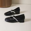 Sapatos Franceses de Salto Grosso com Strass de Uma Linha para Mulheres 2025 Novo Verão Bico Quadrado Salto Médio Mary Jane Sapatos de Couro Pequenos