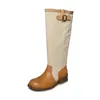 Botas de montar altas para mujer en bloques de color de piel de vaca y tela, otoño e invierno, cuero genuino, puntera redonda, tacón medio, sin cordones, hasta la rodilla, caña recta