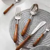 Cuchillo, tenedor y cuchara de acero inoxidable 304 con mango de palisandro vintage, cubertería de estilo occidental para hotel, cuchillo para bistec, tenedor y cucharadita de café