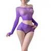 Lencería Sexy de Manga Larga Traje de Dos Piezas de Malla Traje Sexy Calado de Malla Europeo y Americano Comercio Exterior Falda de Malla Calada Traje con Abertura en la Entrepierna para Mujeres