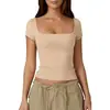 Amazon Transfronterizo Europeo y Americano Top de Mujer Ajustado Adelgazante Ombligo Color Sólido Cuello Cuadrado Camisa Básica Suave Manga Corta Cuello Cuadrado