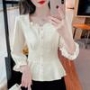 French Niche Design Sense Jacquard Camisa Branca Feminina Primavera e Outono 2023 Nova Cintura Slimming Manga Comprida Top