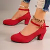 Zapatos de tacón alto con hebilla, tacón de bloque, punta redonda, talla grande, estilo europeo y americano, nuevos para la primavera/otoño 2026, para mujer, planos de moda para exportación