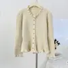 Cardigan de Tricô Estilo Retro Coreano Outono e Inverno Novo com Cintura Marcada e Babados, Temperamento Gentil e Doce, Suéter Versátil