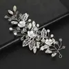 Accesorios para el Cabello de Boda Nupcial Hoja Plateada Flor Blanca Borde Cruzado Hecho a Mano Tocado Perla Cristal Flor