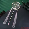 Leque de Palácio Artesanal Hanfu traje antigo leque de cabo longo com borla DIY estilo antigo joia hanfu leque redondo bordado leque vintage