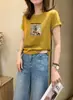 Camiseta feminina de algodão canelado com fonte física de treze fileiras, direto da fábrica, top justo de manga curta, fornecimento exclusivo da segunda leva de verão