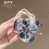 Goma para el pelo hecha a mano, nueva, exquisita, de malla azul degradado con flor de cristal, alta elasticidad para coletas y peinados de moño