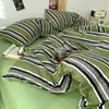 Juego de ropa de cama de cuatro piezas de gasa de doble capa con rayas de sal marina estilo retro minimalista (sábana, sábana ajustable, funda de edredón) para dormitorio estudiantil juego de tres piezas
