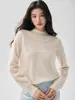 Estilo suave, gola semi-alta, design de crochê vazado, suéter de malha de cashmere, pulôver feminino de corte solto, camada base quente, suéter