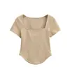 Camiseta de Manga Curta Estilo Puro Desejo Estilo Coreano para Mulheres, Verão Slim Fit, Valoriza a Silhueta, Barra Curva, Clavícula Exposta, Top Fino Canelado, Tendência