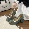 Saltos Altos Plataforma Redondos Estilo Francês com Laço 2026 Novos Sapatos Mary Jane Retrô para Primavera e Outono para Combinar com Vestidos