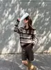 Suéter de tricô jacquard Fair Isle feminino outono inverno novo lã cashmere lapela escovada suéter de lã listrado retrô solto