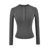 Blusa de Manga Comprida com Gola Redonda e Botões no Peito para Mulheres, Estilo Europeu e Americano, Ajuste Slim, Curta com 6 Botões, Sexy e Forrada com Lã