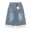 Calça Jeans Cropped Estilo Americano Desenho Bordado Estrela Bolinhas para Mulheres 2026 Solta Reta Skinny Wide-Leg Comprimento Médio