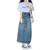 Falda de Mezclilla Vintage Azul de Cintura Alta Adelgazante con Abertura Frontal para Mujer, Primavera y Verano, Longitud Media, Línea A, Versátil, Suelta en la Cadera