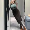Saia Reta Inteligente, Elegante e Emagrecedora, Saia Reta de Cintura Alta com Zíper Frontal e Fenda Traseira, Material de Lã, Saia 7/8 para Mulheres, Estilo de Comprimento Médio