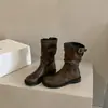 Vestido Pleated de Estilo Británico. Botas Martens para Mujer 2026 Nuevas para Verano/Otoño Suela Gruesa Marrones Fruncidas Botines Cortos Botas de Jinete Retro