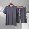 Conjunto de Dos Piezas de Modal para Hombre, Manga Corta, Pantalón de Cinco Puntos, Cuello Redondo, Holgado, Tallas Grandes, Casual de Verano, Ropa de Casa Simple