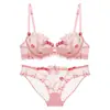 Lingerie sexy estilo francês para mulheres, coleção de verão ultrafina, com bordados delicados e renda, projetada para fazer seios grandes parecerem menores e prevenir a flacidez.; um conjunto de sutiã