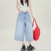 Shorts jeans de três quartos com lavagem desgastada estilo retrô americano para mulheres, novo estilo verão 2026, calça de perna larga solta e versátil de comprimento médio