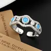 Anillo Abierto Geométrico Hueco de Lujo Ligero Microincrustado con Circonita, Exquisito Anillo Ajustable de Turquesa Azul para Dedo Índice
