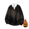 Moletom Pulôver Listrado Gola Camisa Falsa Duas Peças Estilo Retrô Americano Forrado com Fleece para Homens e Mulheres Outono Corte Quadrado Estilo Preppy