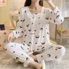 Pijama Feminino de Verão Novo da Fábrica Conjunto de Roupas para Casa com Calça de Manga Longa em Seda de Leite Estampa de Desenho Animado Gola Quadrada Renda