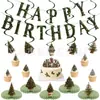 Banner de aniversário retro com tema de floresta de Natal transfronteiriço, banner de letras com elemento de árvore de Natal, topo de bolo e enfeites decorativos