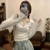 Camisa Branca com Gola Quadrada em V para Camadas em Mulheres no Início da Primavera, Redutora de Idade, Efeito Emagrecedor, Blusa de Manga Longa, Camiseta Elegante para Roupa de Trabalho