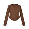Europeo y Americano 2022 Costuras Espina de Pescado Otoño Nuevo Profundo V Manga Larga Camiseta Base para Mujer Ajustada Adelgazante Top Moderno