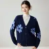 Cárdigan de punto de cachemira calado, con bloques de color, para mujer, cuello en V, manga larga, corte holgado, casual, versátil, simple, otoño/invierno, estilo de abotonar
