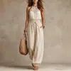 Mono bohemio de encaje con cuello halter de comercio exterior europeo y americano para vacaciones en la playa, casual, con cordón en la cintura y puños en el tobillo