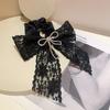 Accesorios para el cabello de estilo coreano para dama, elegantes, en blanco y negro, con encaje bordado, lazo de diamantes de imitación, cinta grande, cuerda para el cabello, tocado de hada