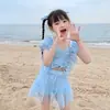 Traje de baño para niñas, de una pieza, para aguas termales, estilo coreano, con cordón, de malla, al por mayor, modelo nuevo, secado rápido, estilo infantil