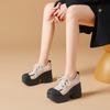 Zapatos de Cuero Genuino para Mujer, Redondos, con Cordones, que Aumentan la Altura 10 cm, Nuevo Color Primaveral, Bloques de Color, Estilo Británico, Zapatos de Cuero de Tacón Alto