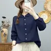 Camisa de manga longa em gaze de algodão de camada dupla para mulheres, carcela de renda artística estilo francês com botões bicolores, top macio e amigo da pele de algodão puro