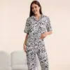 Conjunto de Dos Piezas para Mujer de Manga Corta con Solapa, Cardigan Estampado, Pijama y Ropa de Casa, Nuevo Estilo Europeo y Americano Transfronterizo para Primavera y Verano