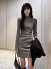 Saia Cinza Justa para Mulheres, Vestido de Tricô para Base Outono e Inverno, Casaco com Saia Justa, Estilo Coreano Roupa de Início de Outono