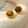 Pendientes de plata S925 con forma de aguja y piedra de ojo de tigre, chapados en cobre, con diseño geométrico, redondos y botones giratorios, joyería para las orejas 1326