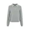 Camiseta de Manga Larga Gris de Punto Hueco con Media Cremallera para Mujer Verano Estilo Old Money Holgada Adelgazante Camisa Polo Hombro Normal