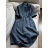 Verano 2026 Nuevo Estilo Lino Elegante Azul Marino Artístico Vestido Largo Venta al por Mayor H21EQ26896