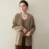 Cardigan de Tricô Casual de Caxemira com Decote V para Mulheres, Comprimento Médio, Ombros Caídos, Sem Botões, Caimento Solto, Emagrecedor, Casaco Suéter Versátil
