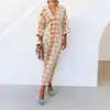 Primavera 2026 Ropa Nueva para Mujer Moda Amazon Color de Contraste Estampado Vestido Largo Elegante Ajustado de Manga Corta