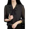 Blusa de Gasa con Lunares Negros para Mujer, Estilo Delgado, Cuello en V, de Atar, Top Elegante y con Estilo