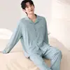 Pijama atacado de manga longa e calça longa para mulheres, novo tecido de algodão stretch de outono, cardigã masculino com gola de lapela, roupa para casa para casais