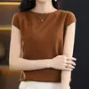 Camiseta de Imitación de Lana Fina de Alta Calidad de Manga Corta para Mujer, Nuevo Tejido de Punto Primavera/Verano, Suéter sin Mangas de Cuello Redondo