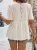 Blusa Estilo Muñeca Bohemia Europea y Americana, Cuello Redondo, Encaje, Mangas Cortas Abullonadas, Cierre de Botón Trasero, Top Holgado de Línea A Plisado