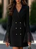 Nuevo modelo europeo y americano de Amazon: Vestido liso elegante y ajustado, decorado con botones, con cuello de traje y ribete de encaje, manga larga